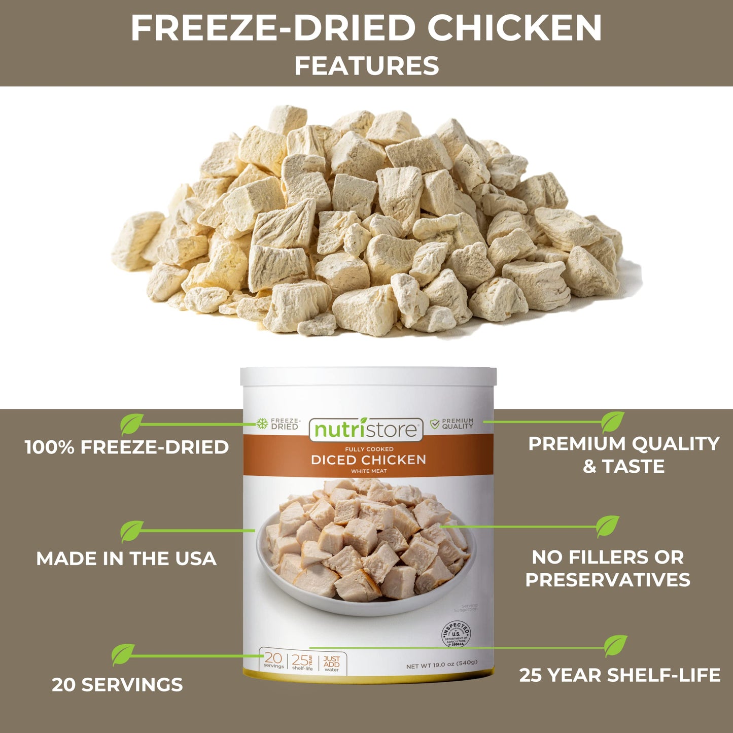 Nutristore Freeze Dried Chicken, Emergency Survival Bulk Food Storage, Premium Quality Meat, Perfect for Lightweight Backpacking
