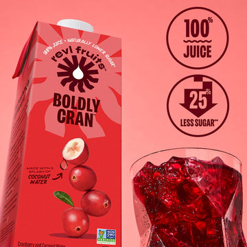 Revl Fruits 100% Juice, Boldly Cran Cranberry Juice, No Added Sugar, 32 Fl Oz. Carton