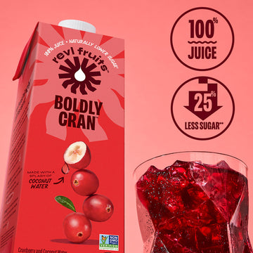 Revl Fruits 100% Juice, Boldly Cran Cranberry Juice, No Added Sugar, 32 Fl Oz. Carton (Pack Of 6)
