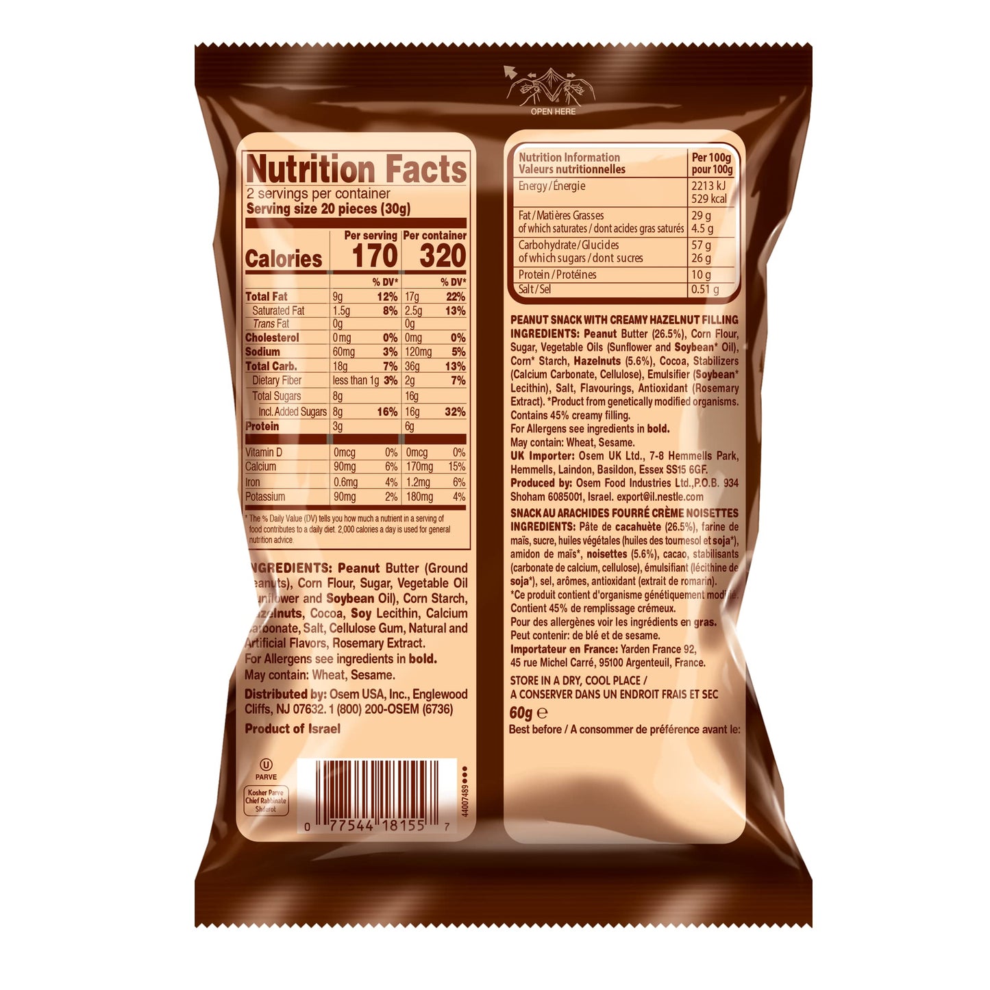Osem Bamba Hazelnut Cream Peanut Butter Snacks, All Natural, 2.1oz Bag (Pack of 6)