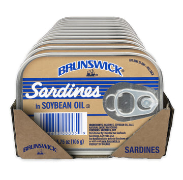 Brunswick Wild Caught Sardines In Soybean Oil, 3.75 Oz Can (Pack Of 12) - 14G Protein Per Serving - Gluten Free, Keto Friendly,