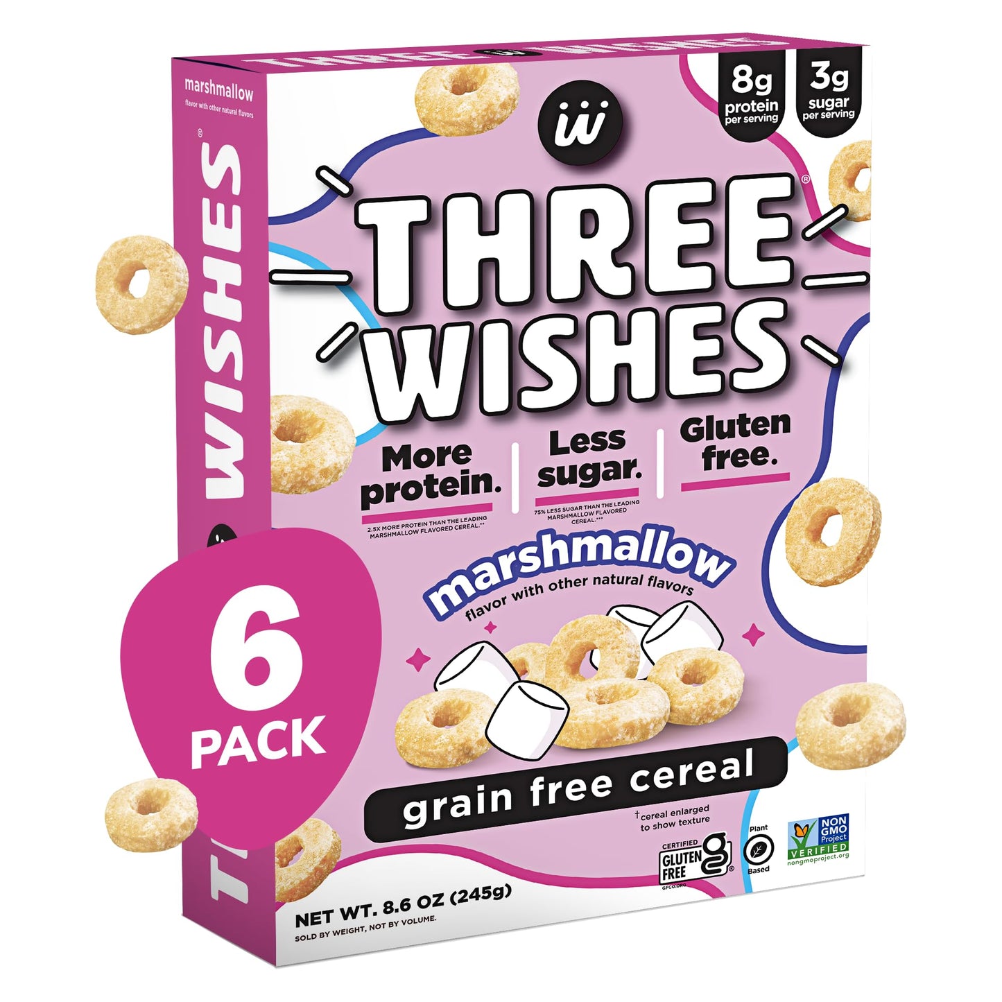 Protein And Gluten Free Breakfast Cereal By Three Wishes (6-Pack) - Marshmallow – 8G Of Protein And 3G Of Sugar Snack - Kosher, Grain-Free, Dairy-Free, Vegan And Peanut-Free - Non-Gmo