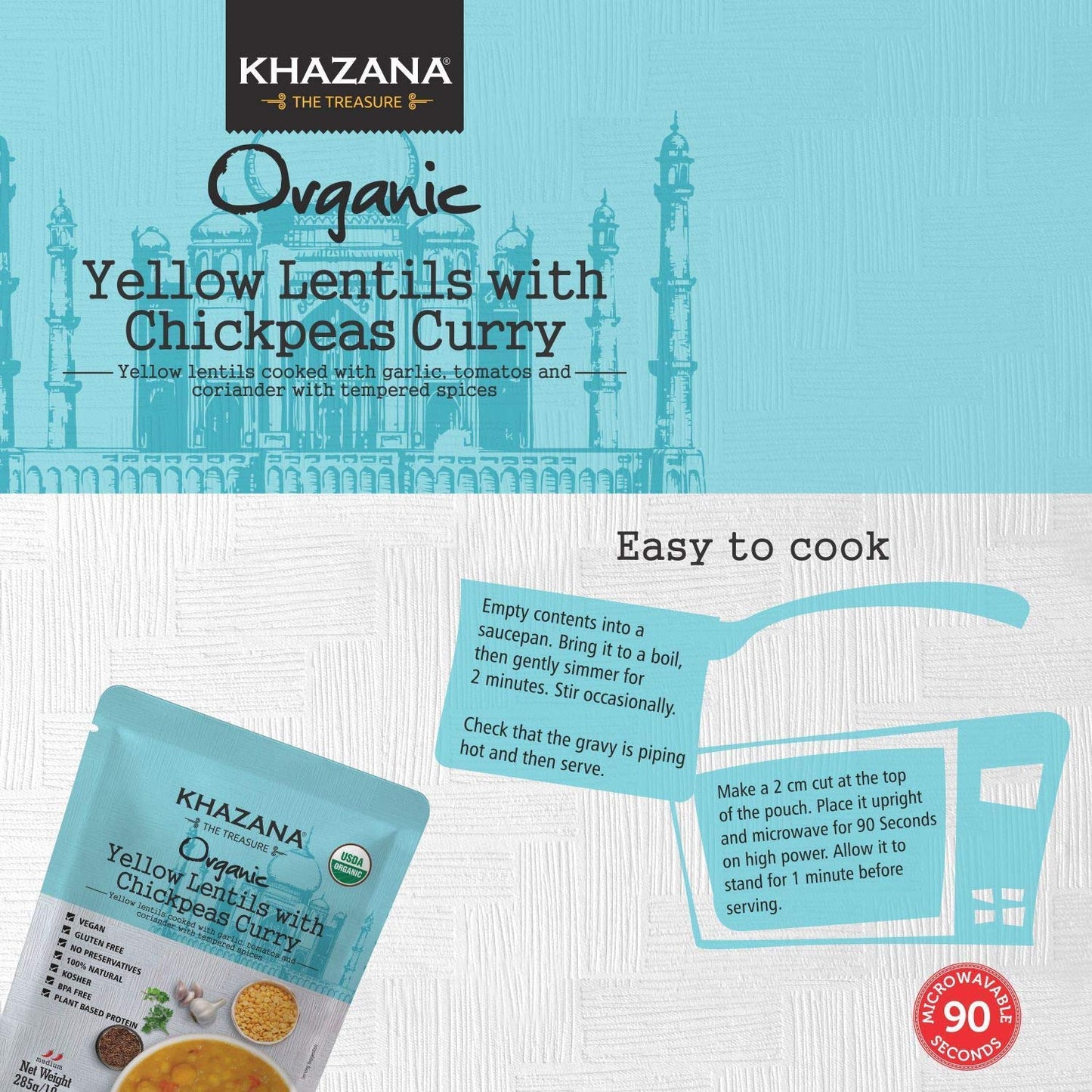 Khazana Organic Ready To Eat Meals Yellow Lentils With Chickpeas Curry (Pack Of 6, 10Oz Pouches) - Non-Gmo, Vegan, Gluten Free &