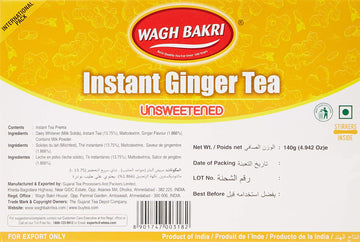 Wagh Bakri Instant Ginger Tea | Unsweetened No Added Sugar | 140G 10 Sachets (4.94 Oz)