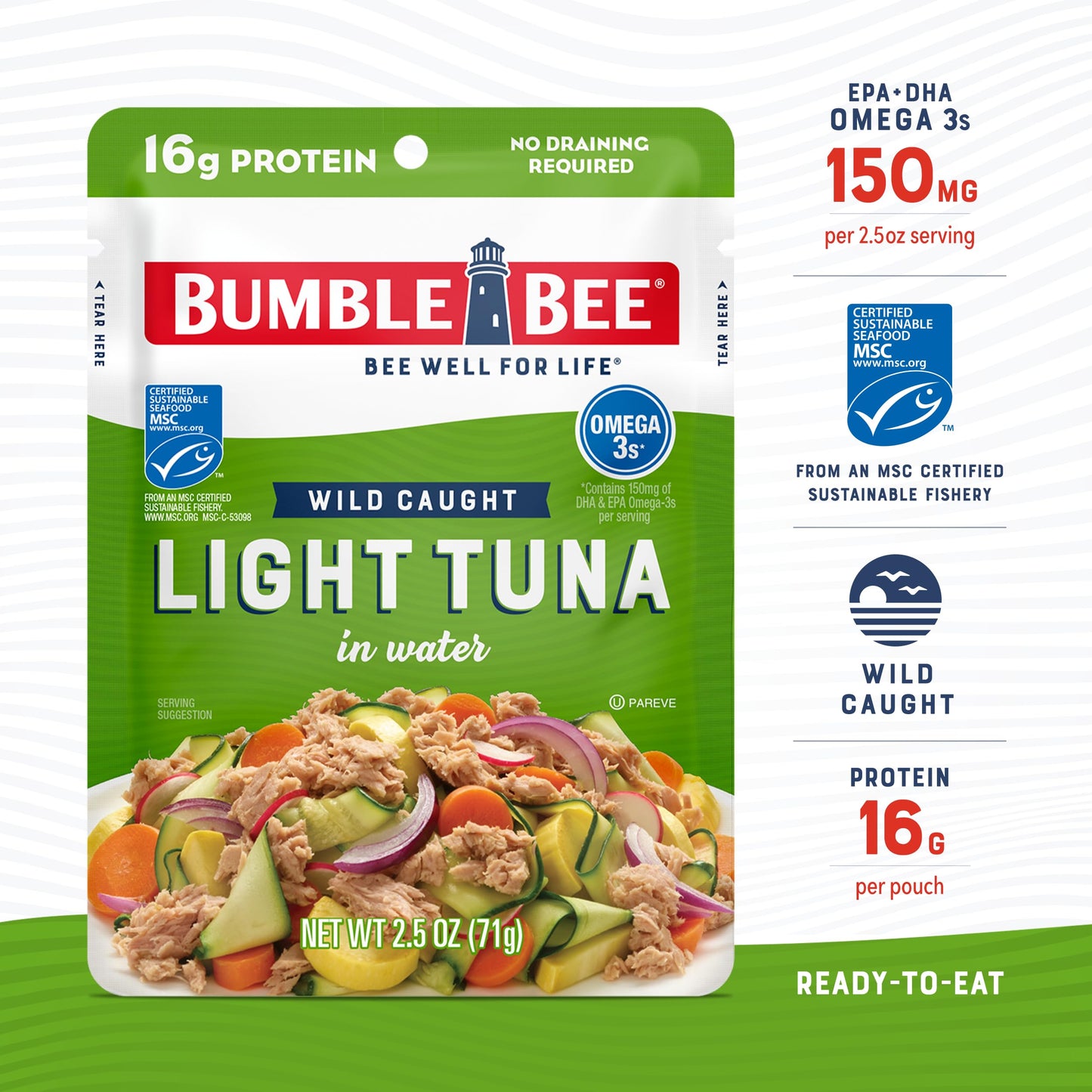 Bumble Bee Chunk Light Tuna In Water, 2.5 Oz Pouch - Ready To Eat Wild Caught Skipjack Tuna Packet - 16G Protein Per Serving - Msc Sustainable Seafood, Non-Gmo, Gluten Free, Kosher