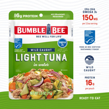Bumble Bee Chunk Light Tuna In Water, 2.5 Oz Pouch - Ready To Eat Wild Caught Skipjack Tuna Packet - 16G Protein Per Serving - Msc Sustainable Seafood, Non-Gmo, Gluten Free, Kosher