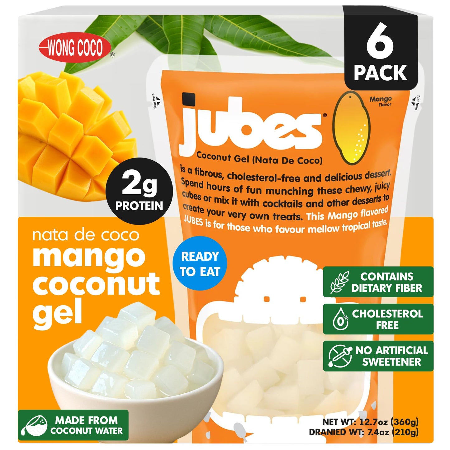 Jubes Mango Nata De Coco Jelly Cubes (12.7 oz, Pack of 6) - Mango Coconut Jelly Cubes for Sago - Coconut Gel in Syrup Toppings f