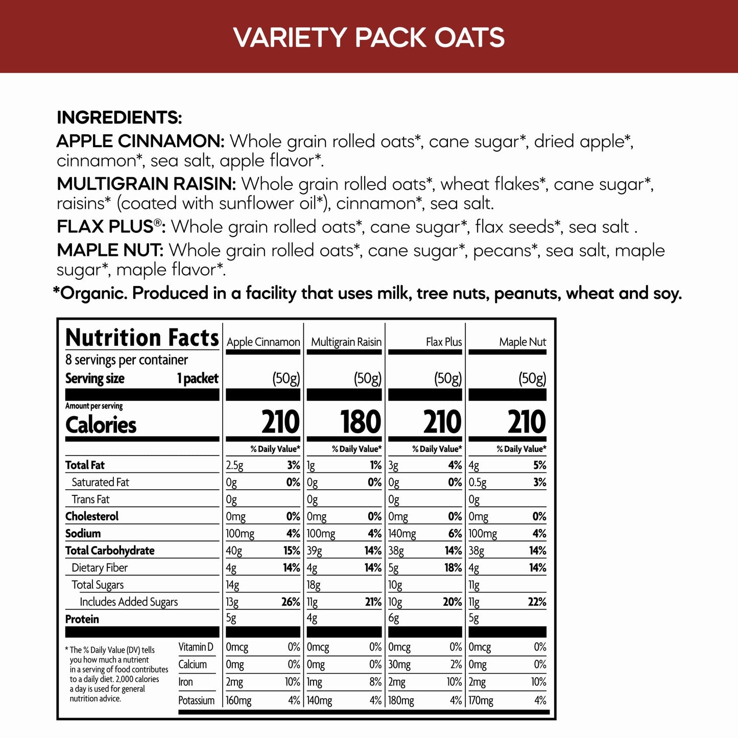 Variety Pack Oatmeal, 14 oz, 8 count