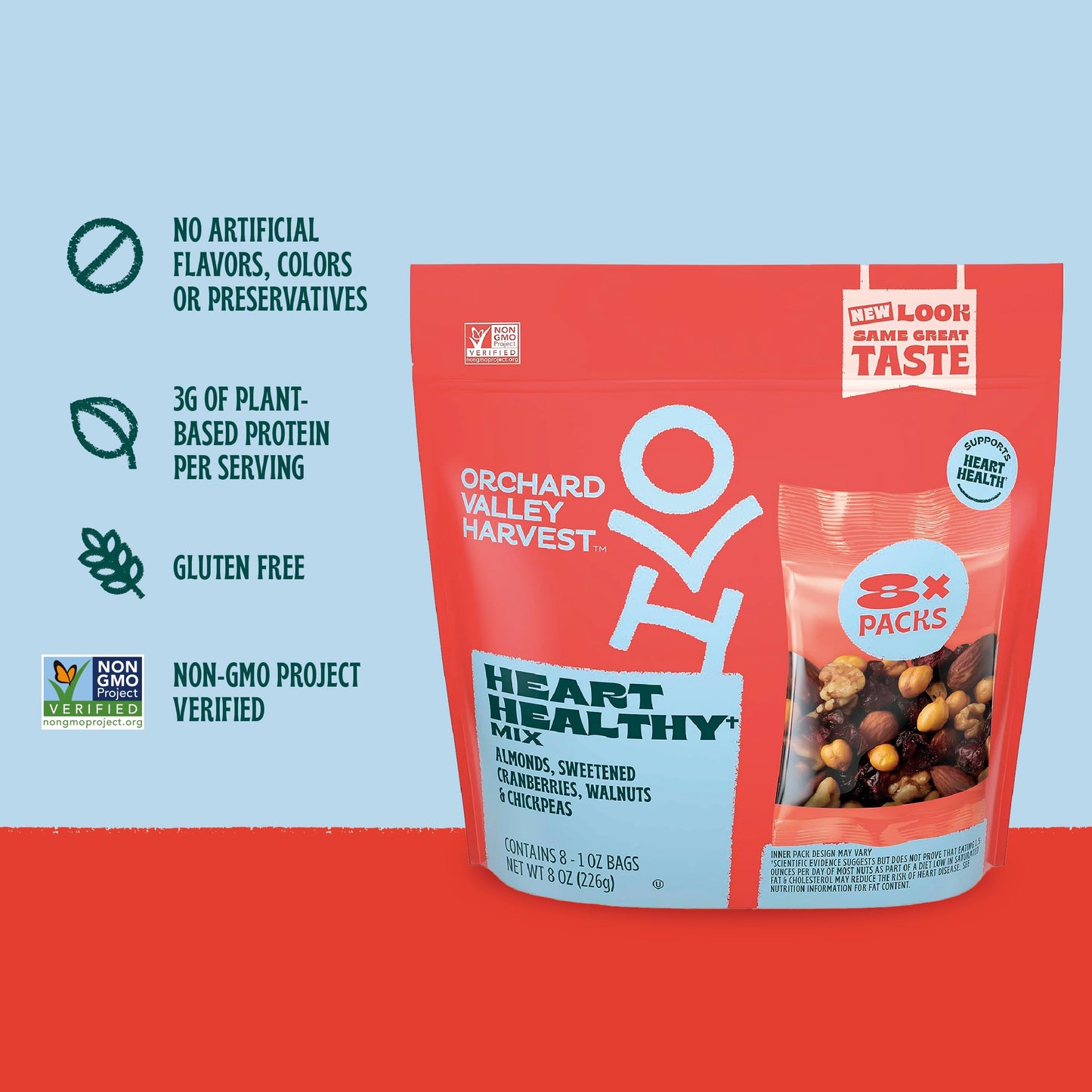 Orchard Valley Harvest Heart Healthy Blend, 1 Ounce Bags (Pack of 8), Almonds, Cranberries, Walnuts, and Chickpeas, Gluten Free,