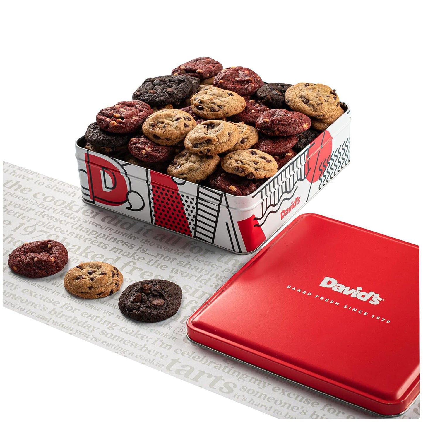 Davids Cookies Freshly Baked Melt In Your Mouth Assorted Mini Cookies with Chocolate Chip Chocolate & White Chocolate Chip & Red Velvet Cookies (Assorted Mini Cookies in Regular Tin - 1Lb)