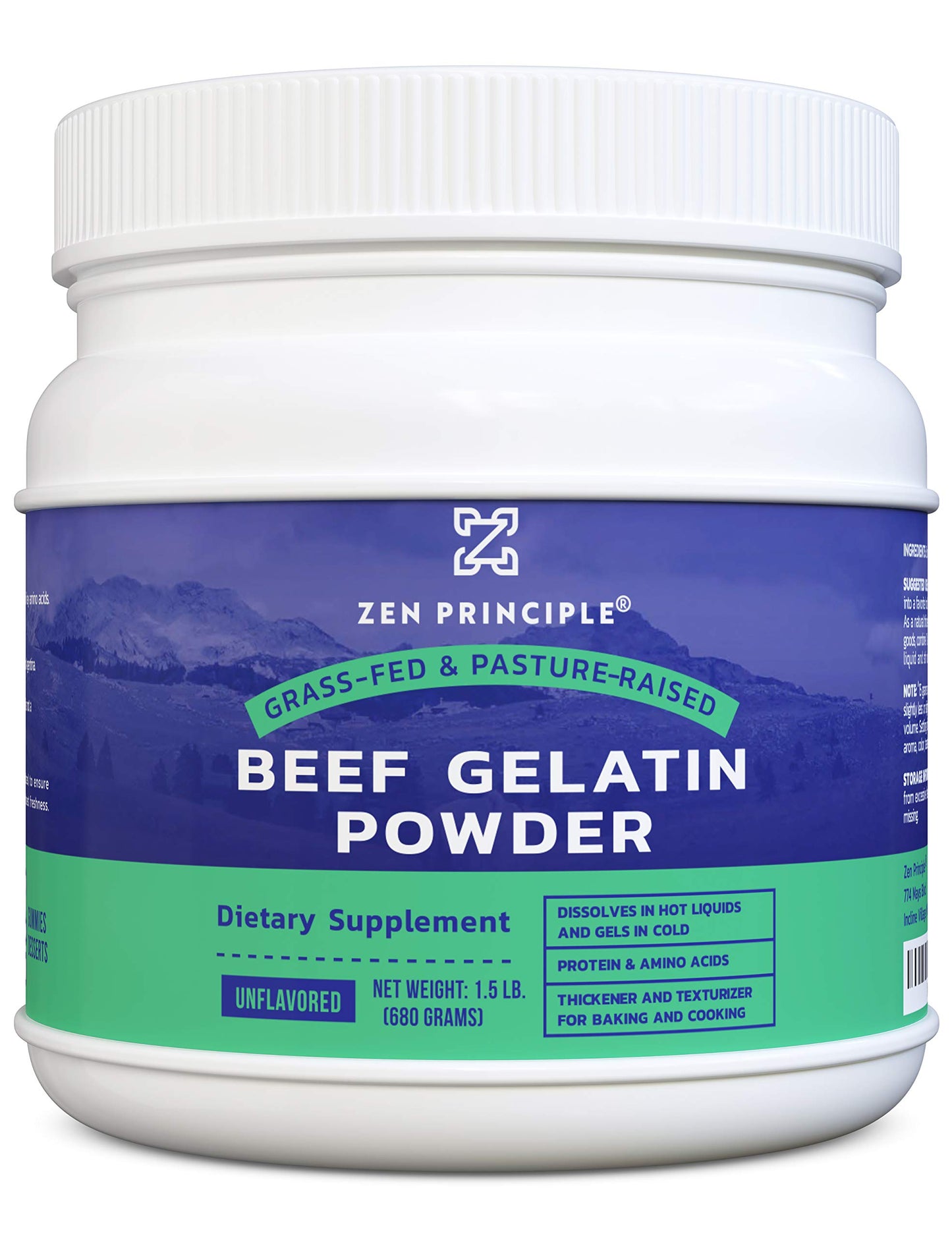 Zen Principle Grass-Fed Gelatin Powder, Unflavored, 24 oz, Paleo & Keto Friendly, GMO-Free, Gluten-Free