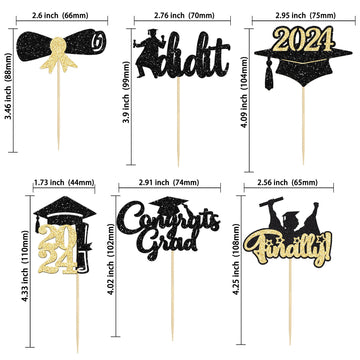 Gyufise 24Pcs Black Gold Glitter 2024 Graduation Theme Cupcake Toppers Glitter Class Of 2024 Diploma Finally I Did It Congrats G