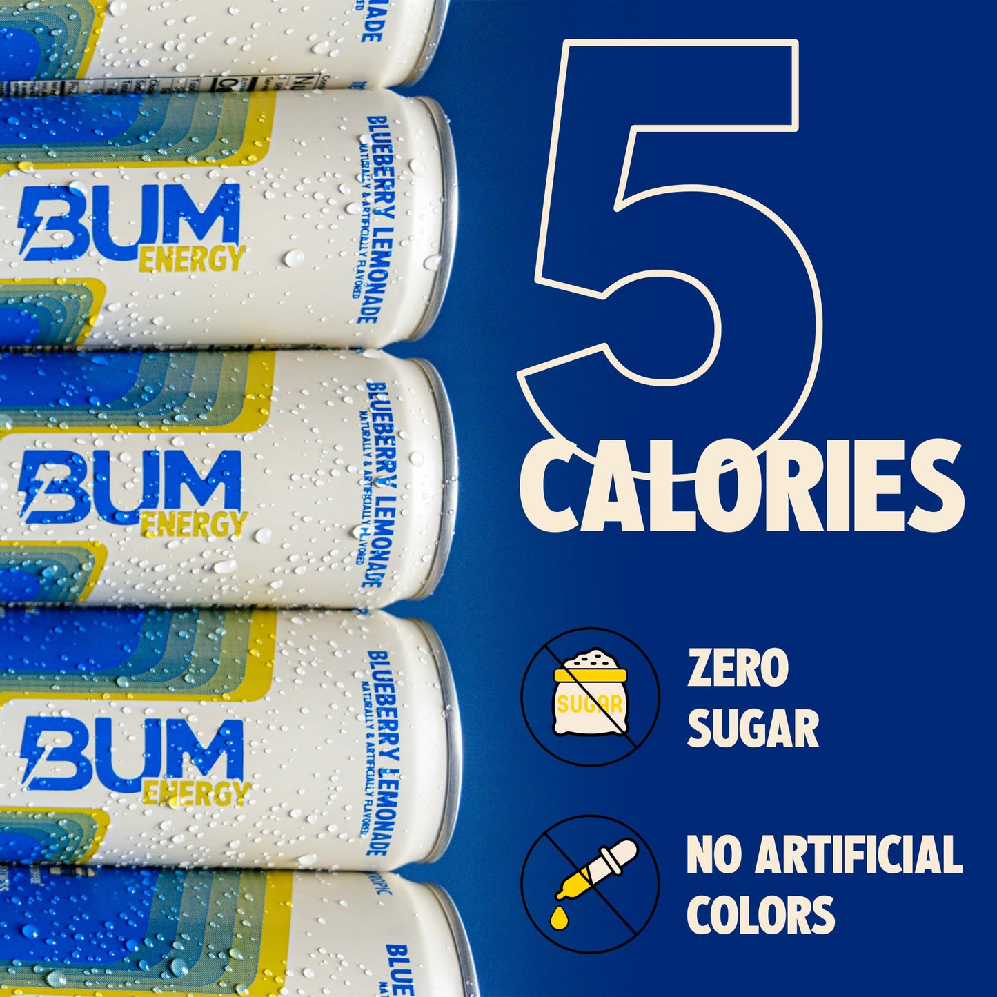 Bum Energy Sugar-Free Blueberry Lemonade Drink, Lightly Carbonated, Natural Caffeine, 12 oz, Pack of 12