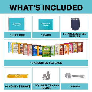 Mothers Day Gifts For Mom Tea Gift Sets For Tea Lovers Women And Men Tumbler 15 Unique Teas 10 Honey Straws (Decaffeinated)