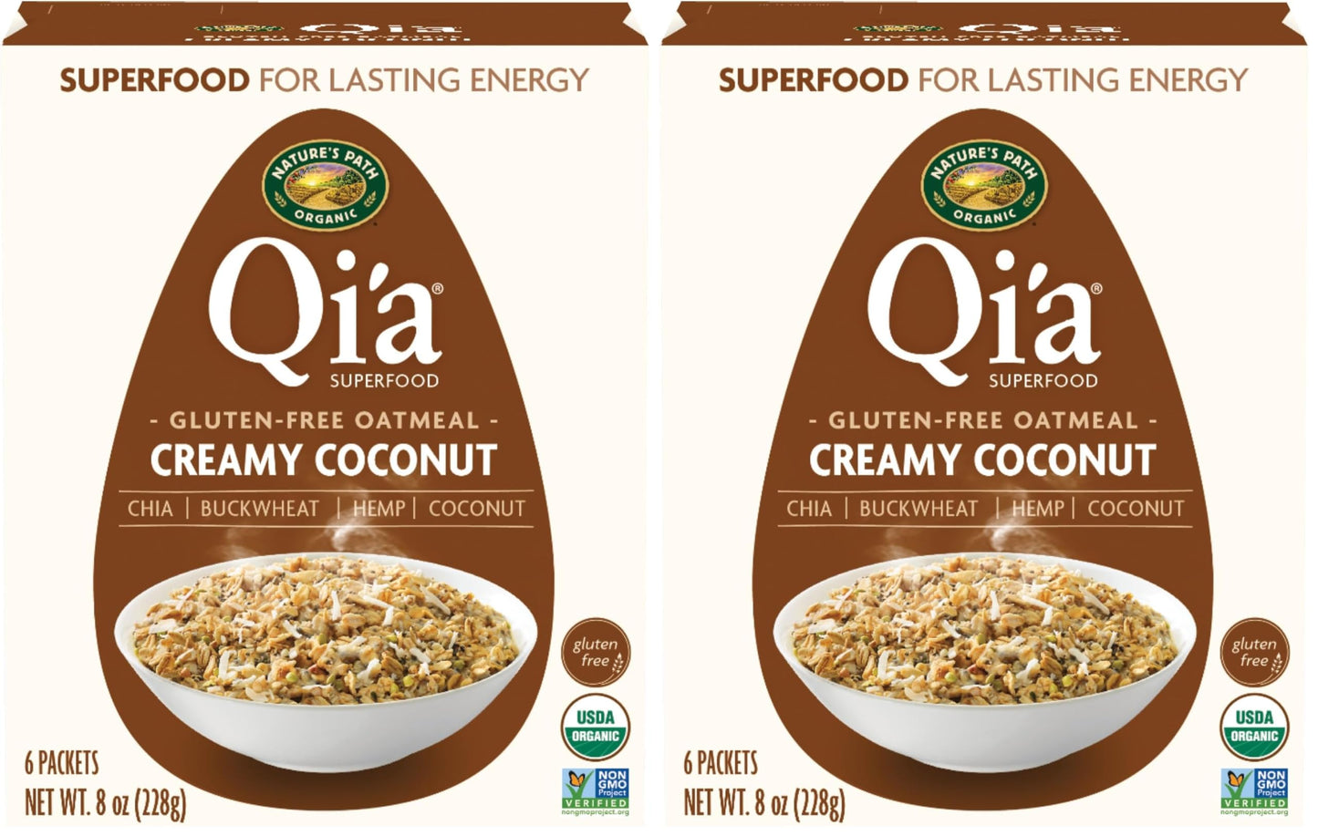 Natures Path Organic Qia Creamy Coconut Instant Oatmeal, 8 oz (Pack of 2), Gluten Free, Non-GMO