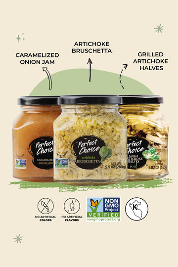 Perfect Choice Variety Pack With 2 Sauces -Caramelized Onion & Artichoke Bruschetta- Along With 1 Grilled Artichoke Halves In Oi