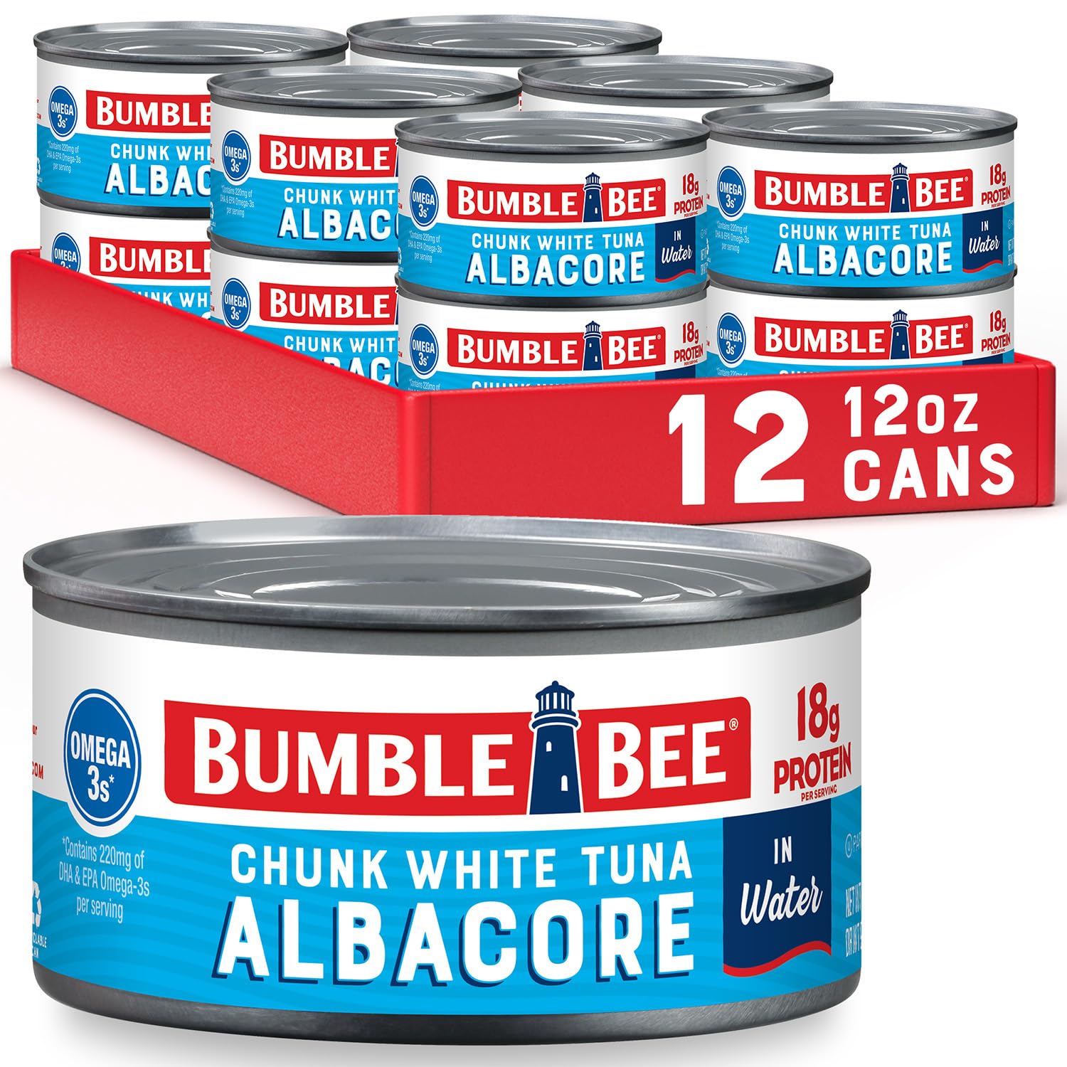 Bumble Bee Chunk White Albacore Tuna In Water, 12 Oz Can (Pack Of 12) - Wild Caught Tuna - 18G Protein Per Serving, High In Omega-3S - Non-Gmo Project Verified, Gluten Free, Kosher