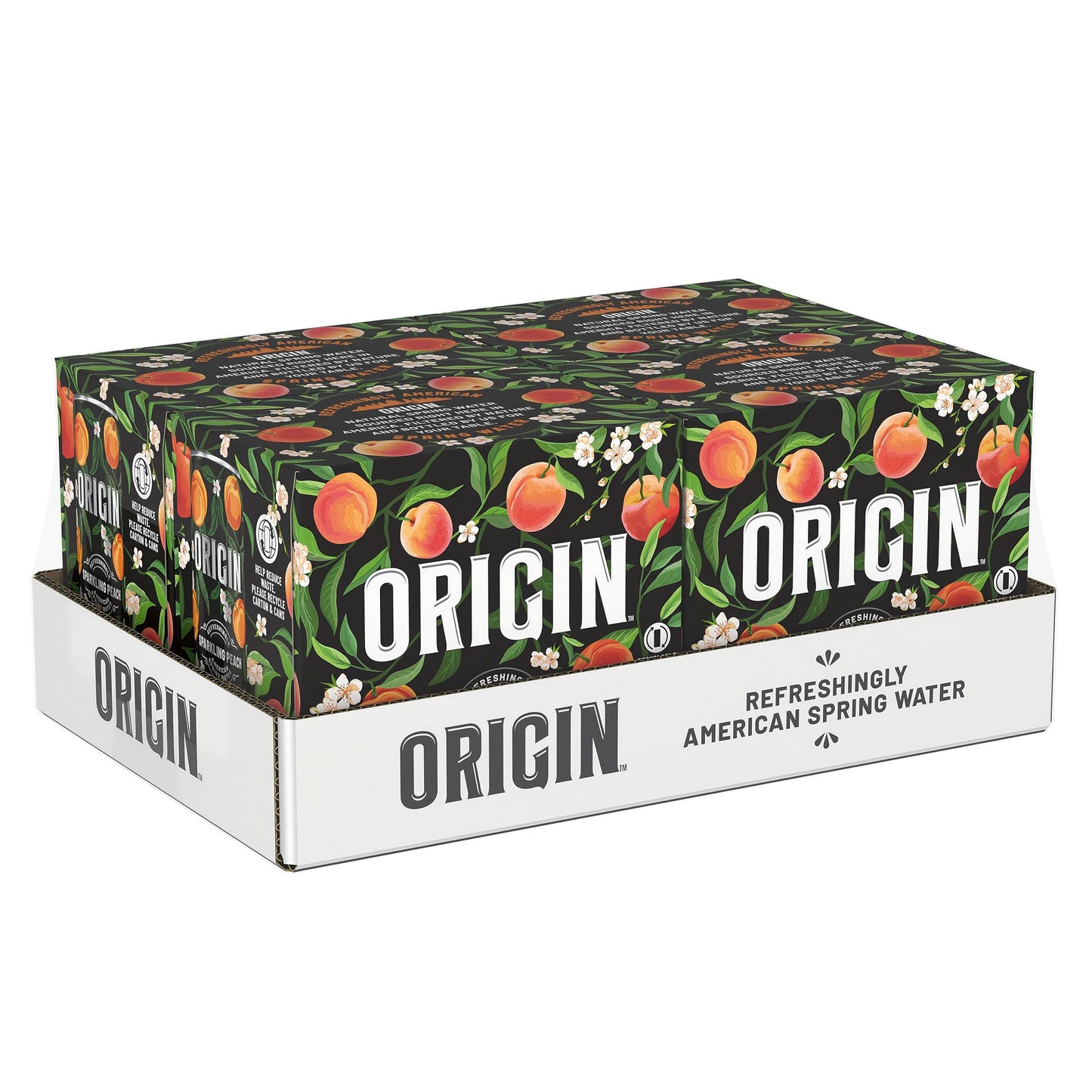 ORIGIN Organic Non-GMO Peach Flavor Sparkling Water, 12 Fl Oz Cans, Pack of 24, Recyclable Aluminum