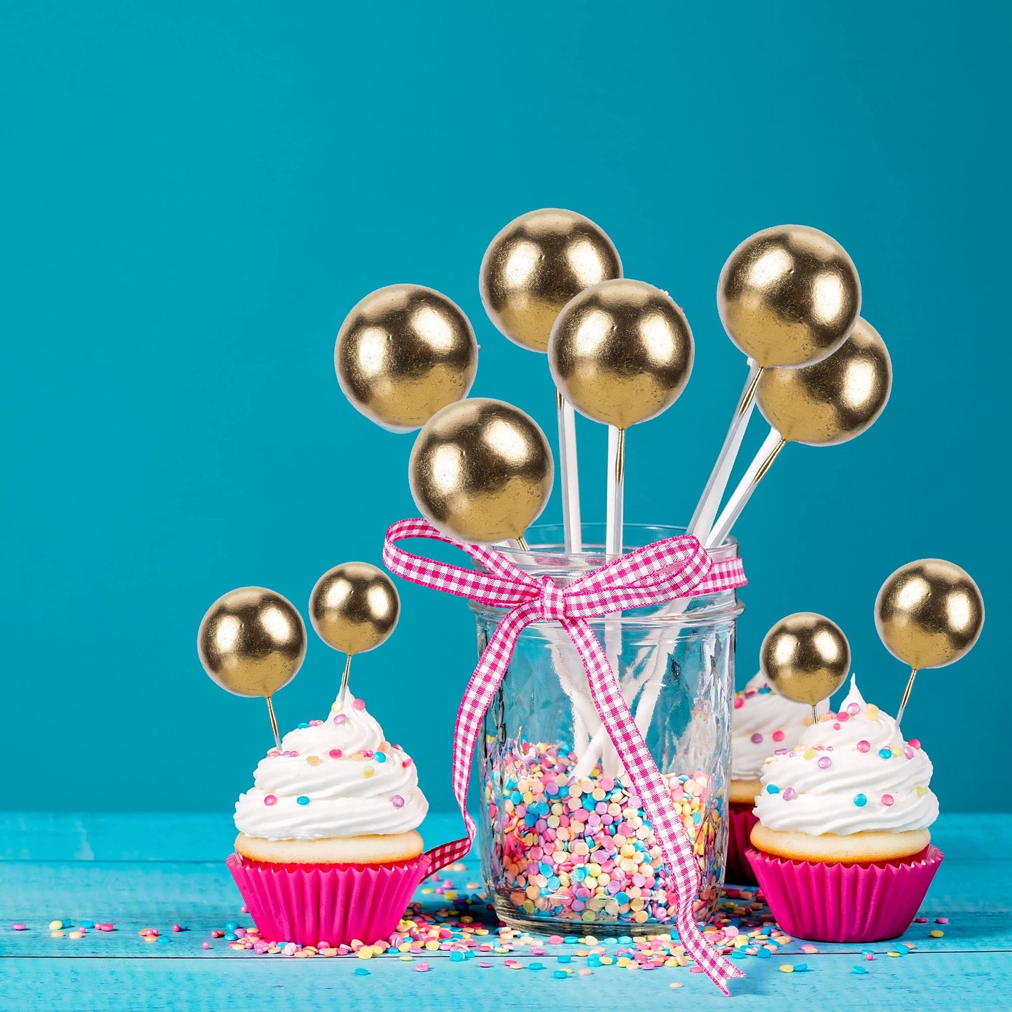 Gyufise 30Pcs Mini Balloon Cake Topper Gold Foam Ball Cake Picks Cupcake Faux Pearl Balls Diy Cake Insert Topper Decoration For