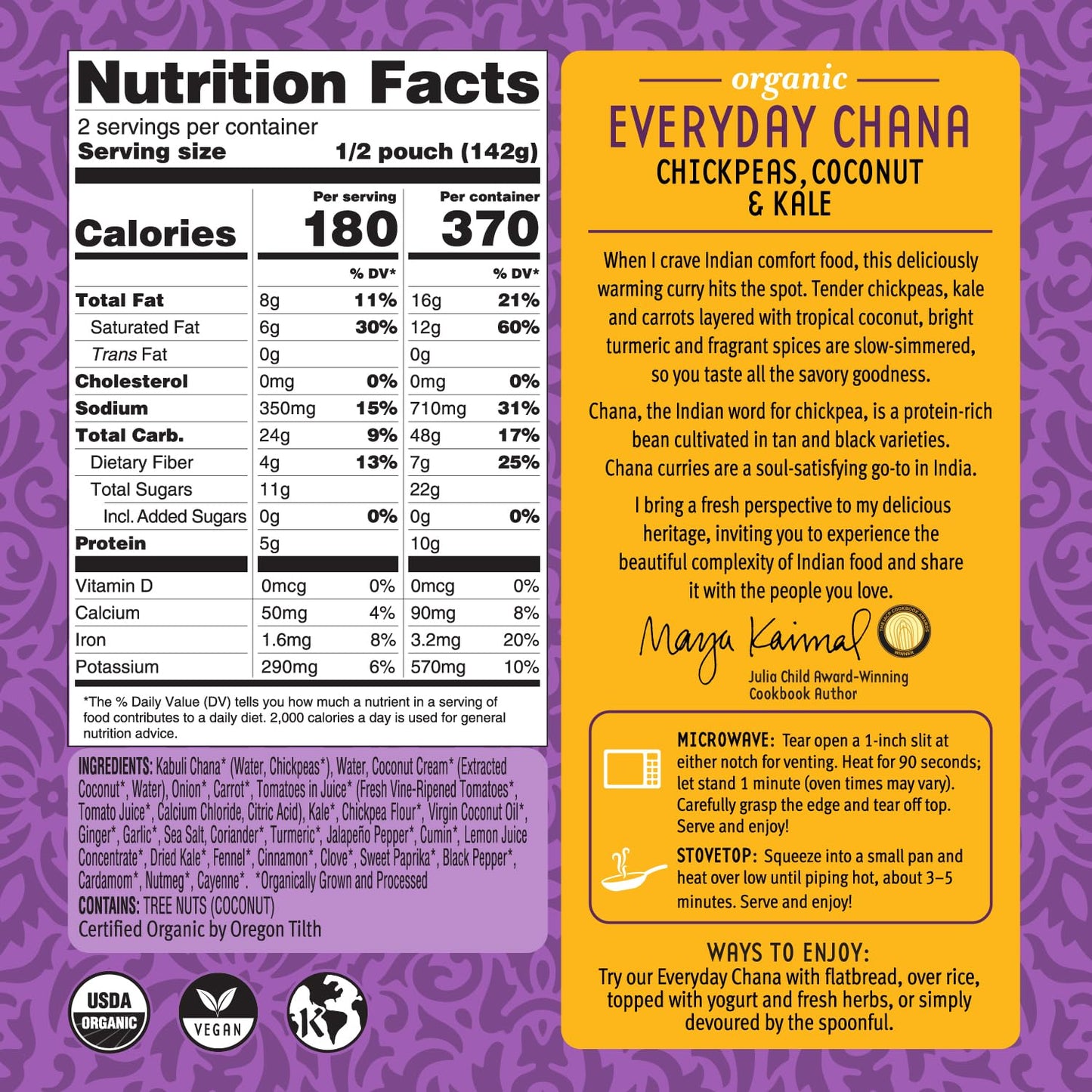 Maya Kaimal Foods - Organic Indian Everyday Chana - 10oz - Fully Cooked Chickpeas with Coconut & Kale - Vegan - Microwavable - R