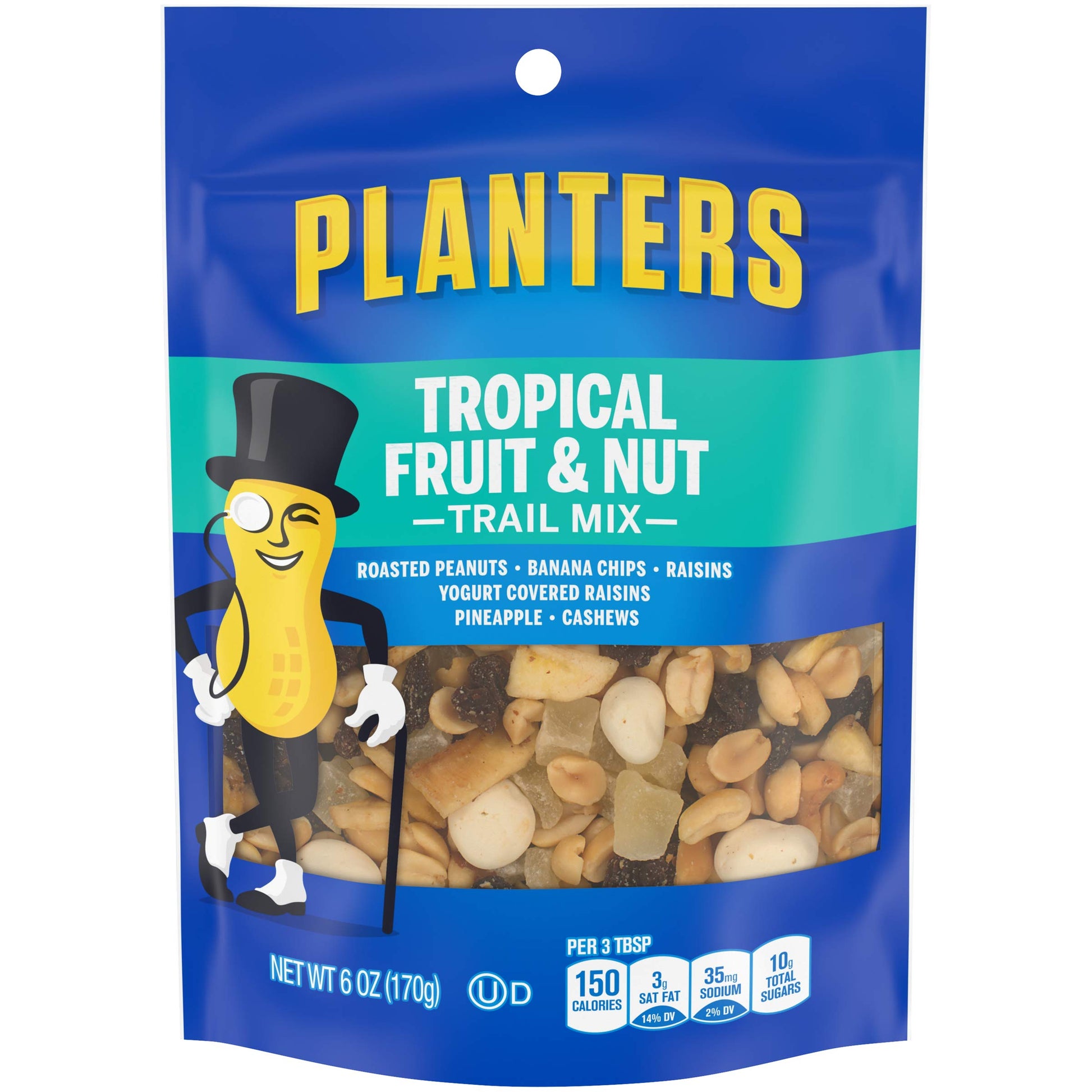Planters Tropical Fruit & Nut Trail Mix With Roasted Peanuts (Banana Chips, Raisins, Yogurt Raisins, Pineapple & Cashews, 6 Oz Pack Of 12)