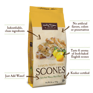 Sticky Fingers English Scone Mix, Lemon Poppyseed, 16.01 oz, Pack of 6, Makes 12 Fresh Baked Scones