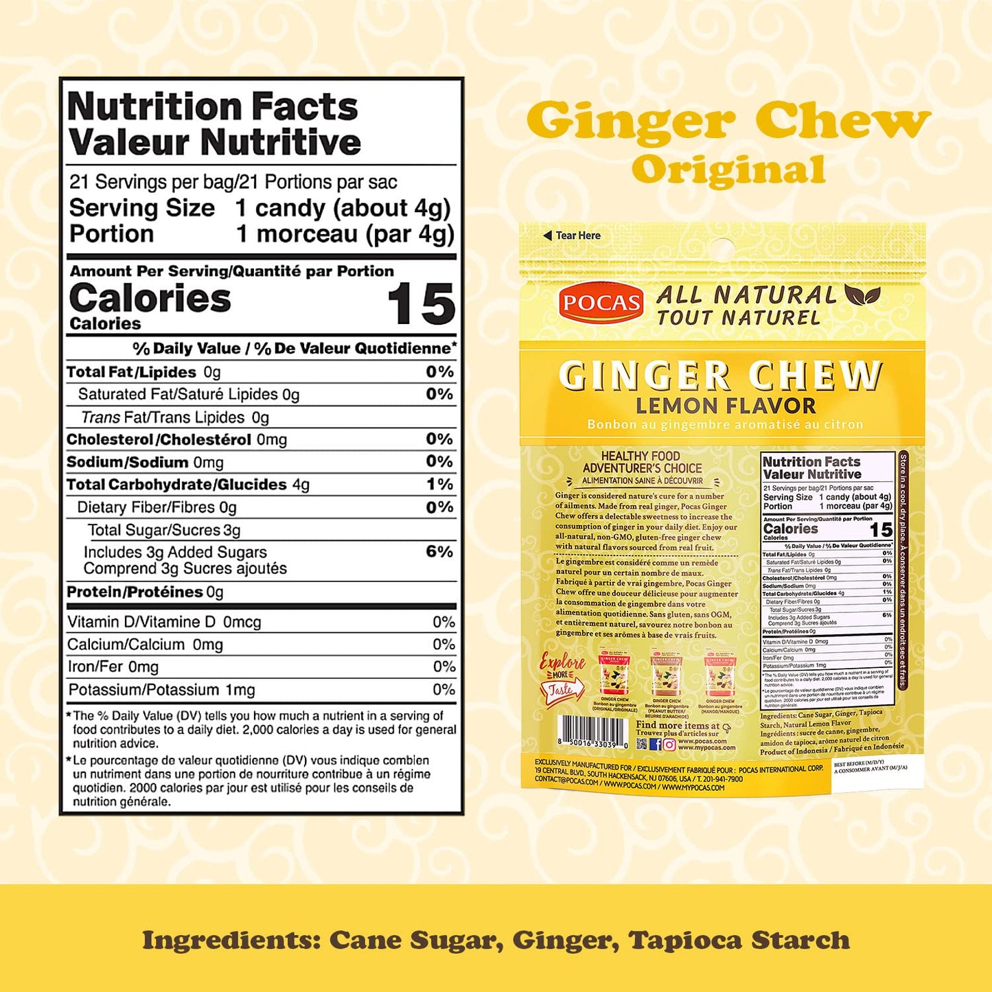 Pocas Lemon Ginger Chews - Sweet And Zesty Ginger Chew, Individually Wrapped Low-Calorie Snacks, Ginger Candy Made With Pure Cane Sugar, 3 Oz Ea (Pack Of 4)