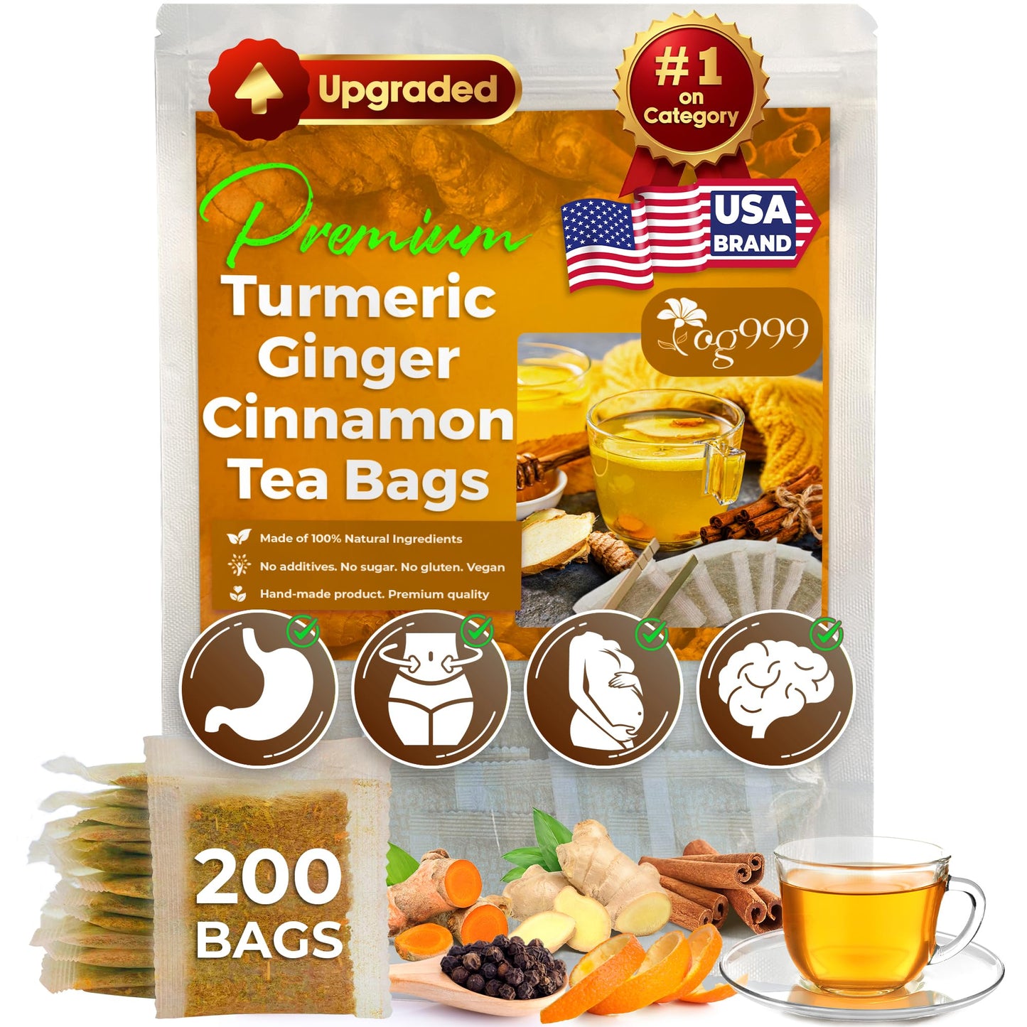 Tog999 200 Bags Top-Grade Turmeric Flavor Blendger Cinnamon Tea. Upgraded Version. Improve Digestion Support Brain Weight Skin And Sleep. Eco-Conscious Tea Bags. No Sugar No Energy Blend No Gluten Vegan.