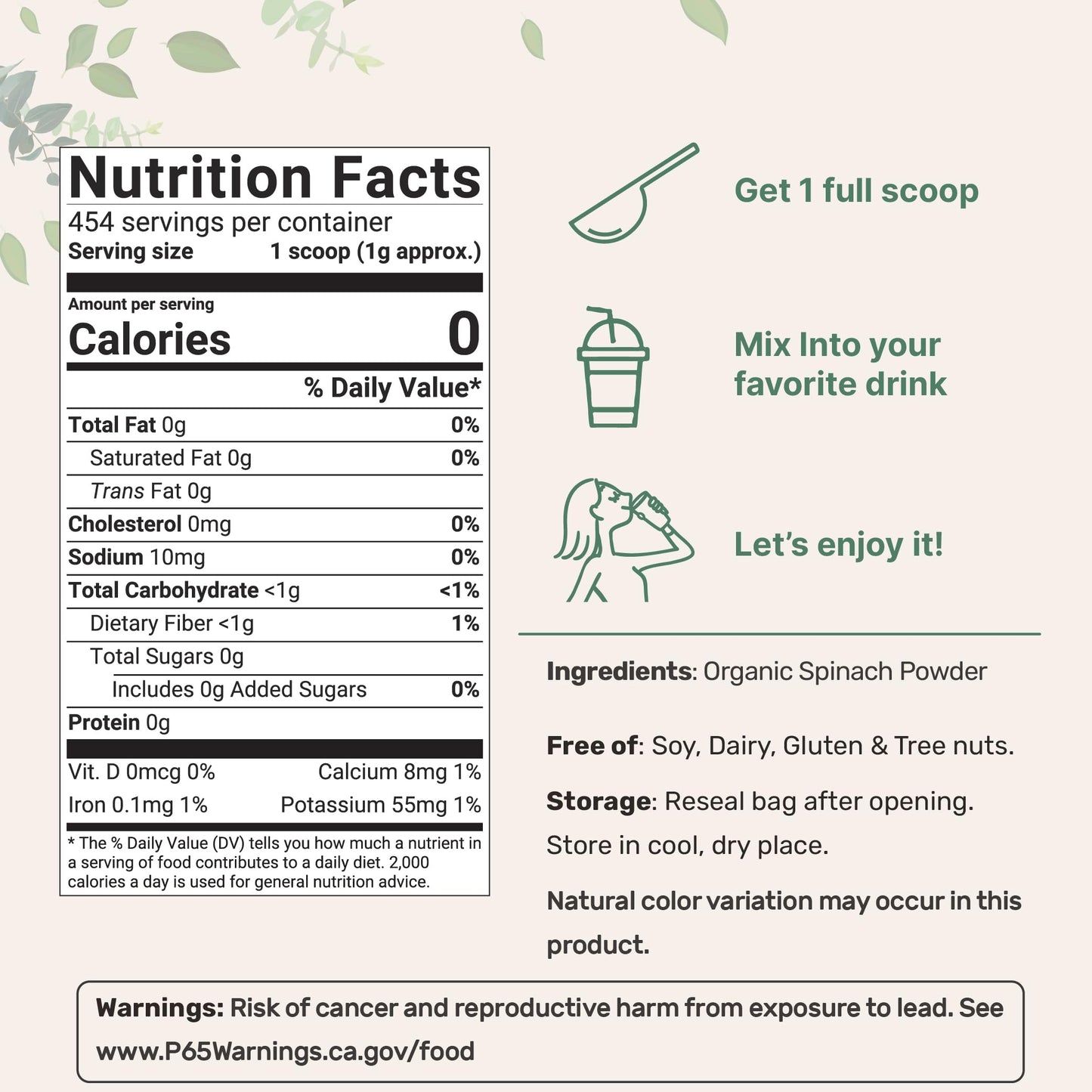 Micro Ingredients Sustainably US Grown, Organic Spinach Powder, 1 Pound, Freeze Dried from Whole Leaf, Rich in Beneficial Thylak