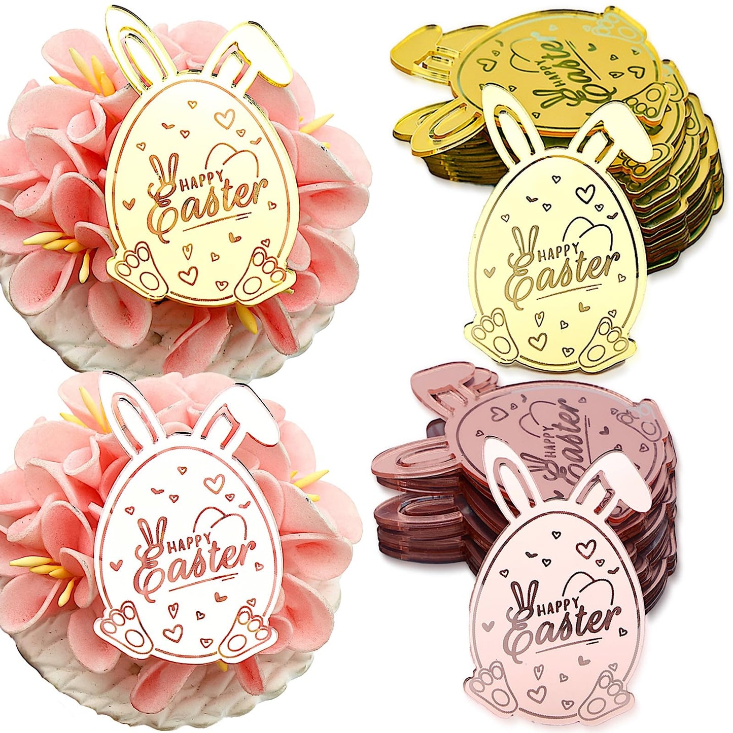24 Pieces Easter Bunny Egg Acrylic Cupcake Toppers Gold Rose Easter Spring Theme Party Decorations
