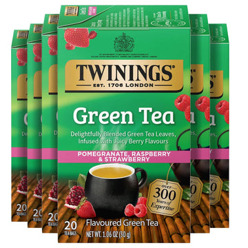 Twinings Green Tea With Pomegranate, Raspberry, & Strawberry Individually Wrapped Bags, 20 Count (Pack Of 6), Caffeinated, Enjoy Hot Or Iced | Packaging May Vary