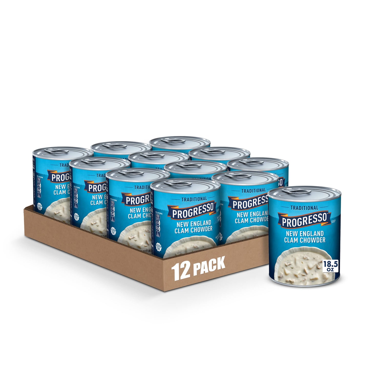 Progresso New England Clam Chowder Soup, Traditional Canned Soup, Gluten Free, 18.5 oz (Pack of 12)
