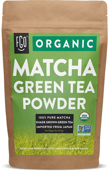 FGO Organic Matcha Green Tea Powder, Japanese Culinary Grade, Resealable Bag, 16oz, Packaging May Vary (Pack of 1)