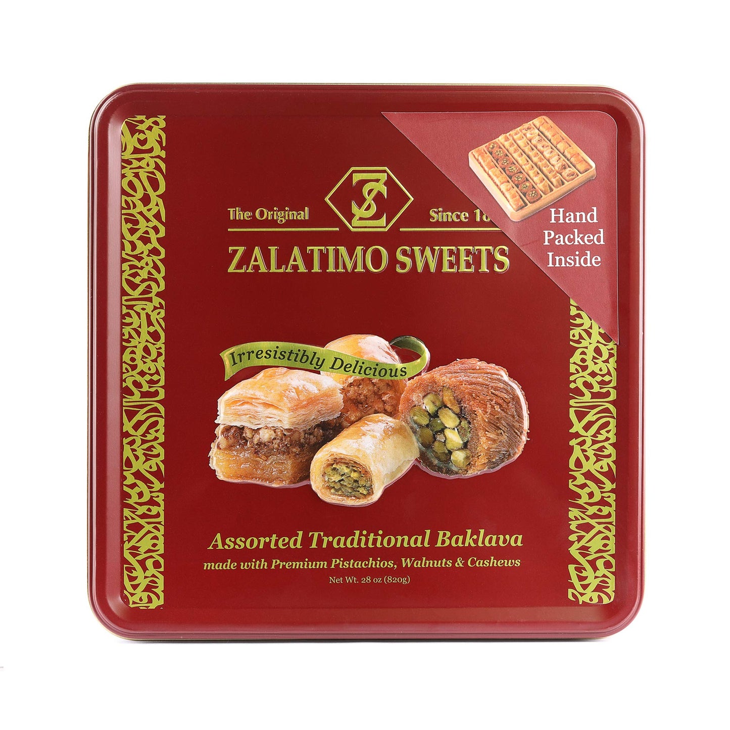 Zalatimo Sweets Since 1860, 100% All Natural Assorted Baklava, Slightly Sweet Baklava In Square Metal Gift Tin, No Preservatives