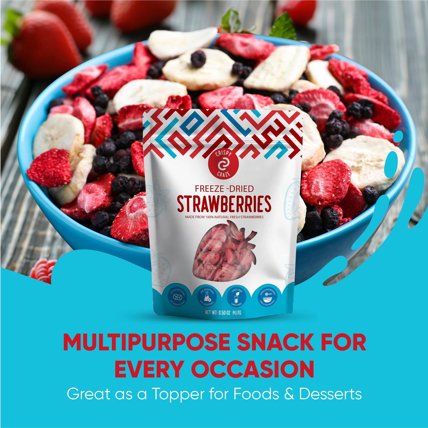 Crispy Craze Freeze Dried Strawberries (12 Snack Sized Bags, 0.5 Oz Each), Sliced Strawberry Fruit Crisps, Non Gmo, Healthy Snac