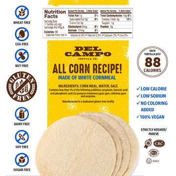 Del Campo Soft Corn Tortillas - 8 Inch Round, Gluten Free And All-Corn Authentic Mexican Food. Many Serving Options: Wraps, Taco