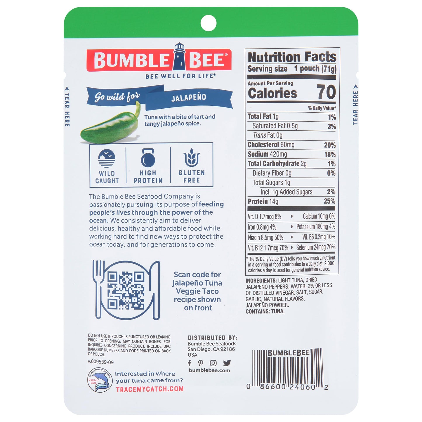 Bumble Bee Jalapeño Seasoned Tuna, 2.5 Oz Pouches (Pack Of 12) - Ready To Eat - Wild Caught Tuna Pouch - 14G Protein Per Serving - Gluten Free