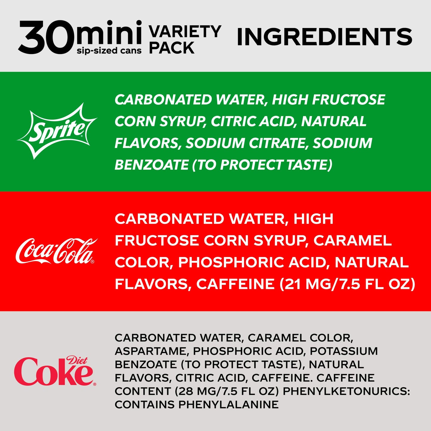 Coca-Cola Mini Can Variety Pack, 30 Cans (10 Each: Coke Classic, Diet Coke, Sprite), 7.5 Fl Oz, Red/White/Clear