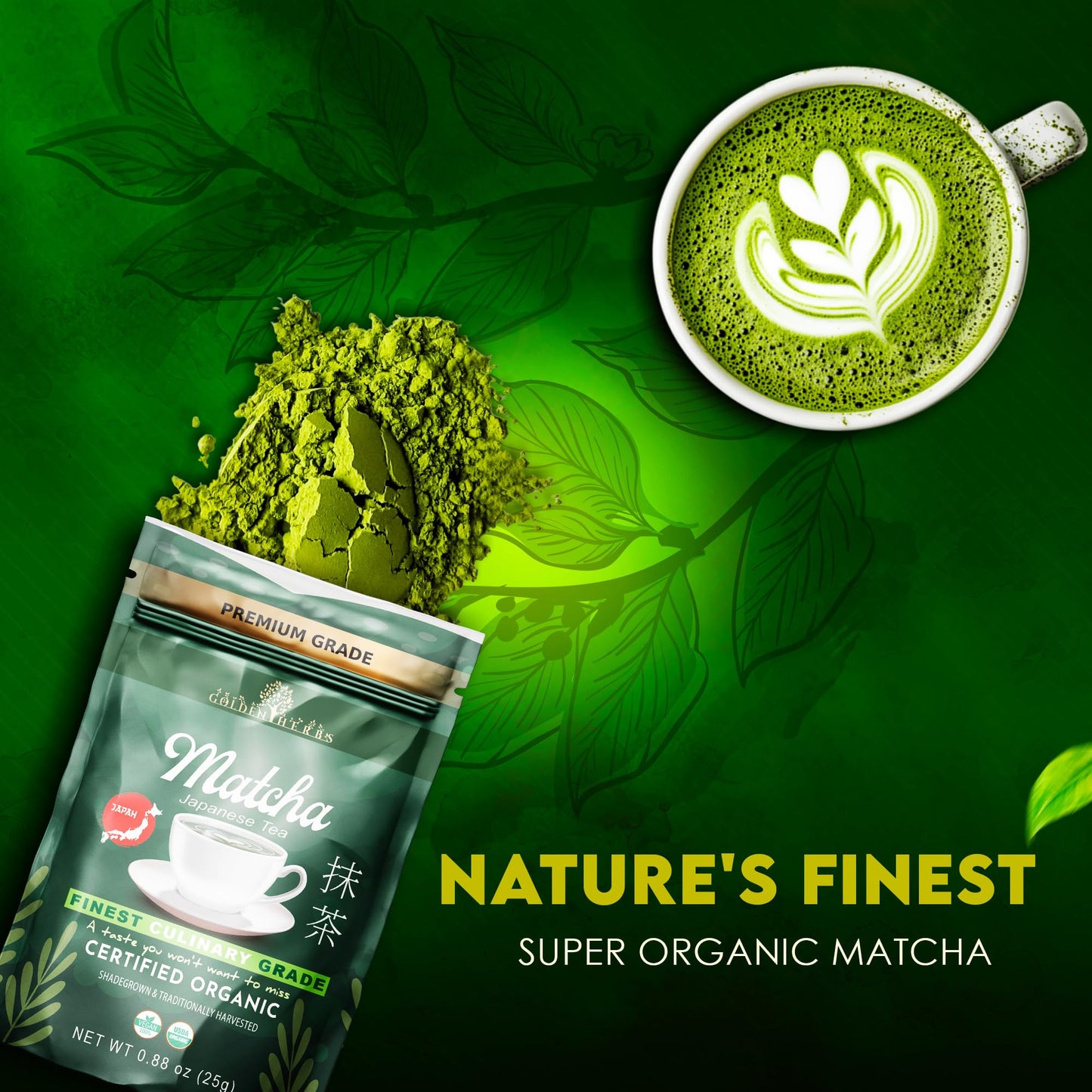 GOLDEN HERBS Matcha Green Tea Powder, USDA Organic, 100% Pure, Gluten-Free Vegan, Culinary Quality, 30 Grams, Resealable Pouch