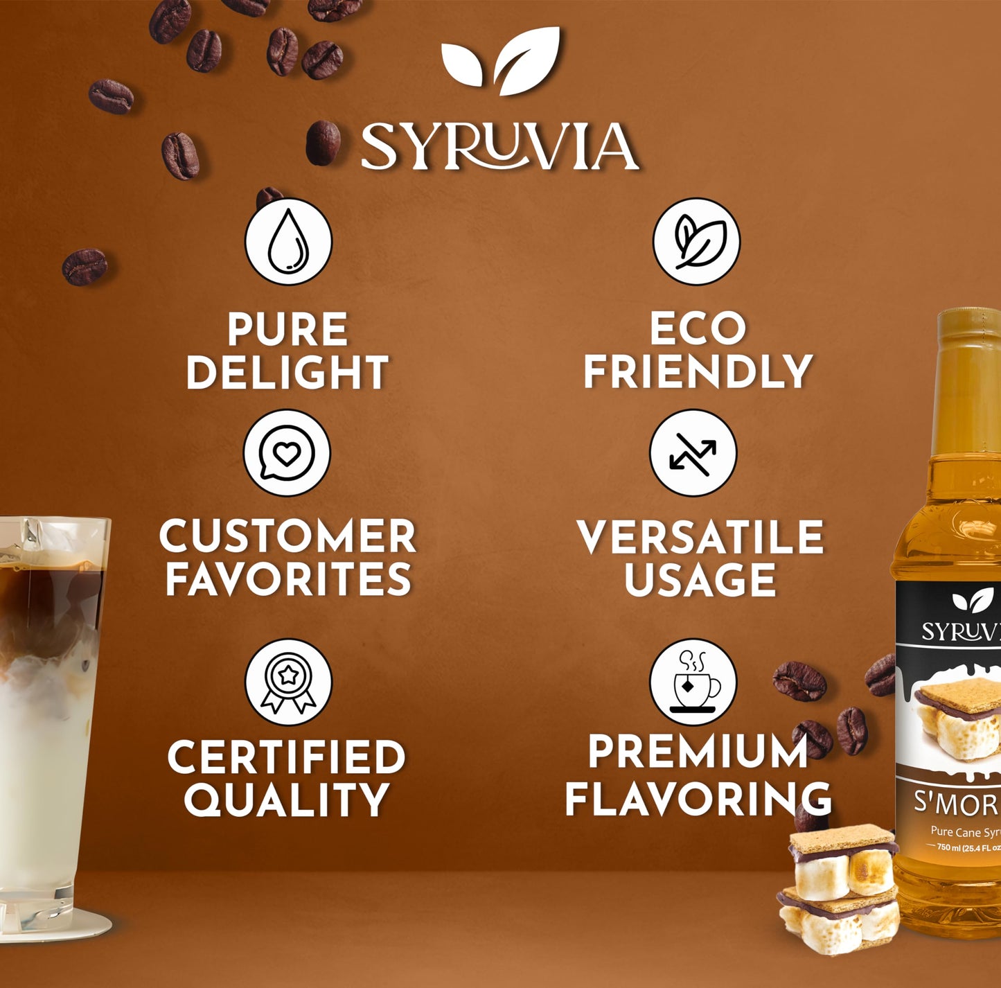 Syruvia Smores Syrup - Smores Coffee Syrup Flavor, 25.4 Fl Oz, Kosher, Gluten Free, Perfect For Coffee, Drinks, Soda, Desserts,
