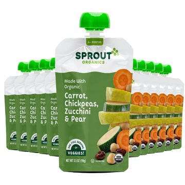 Sprout Organic Baby Food, Stage 2 Pouches, Carrot & Chickpea Plant Powered Protein, 3.5 Oz Purees (Pack Of 12)