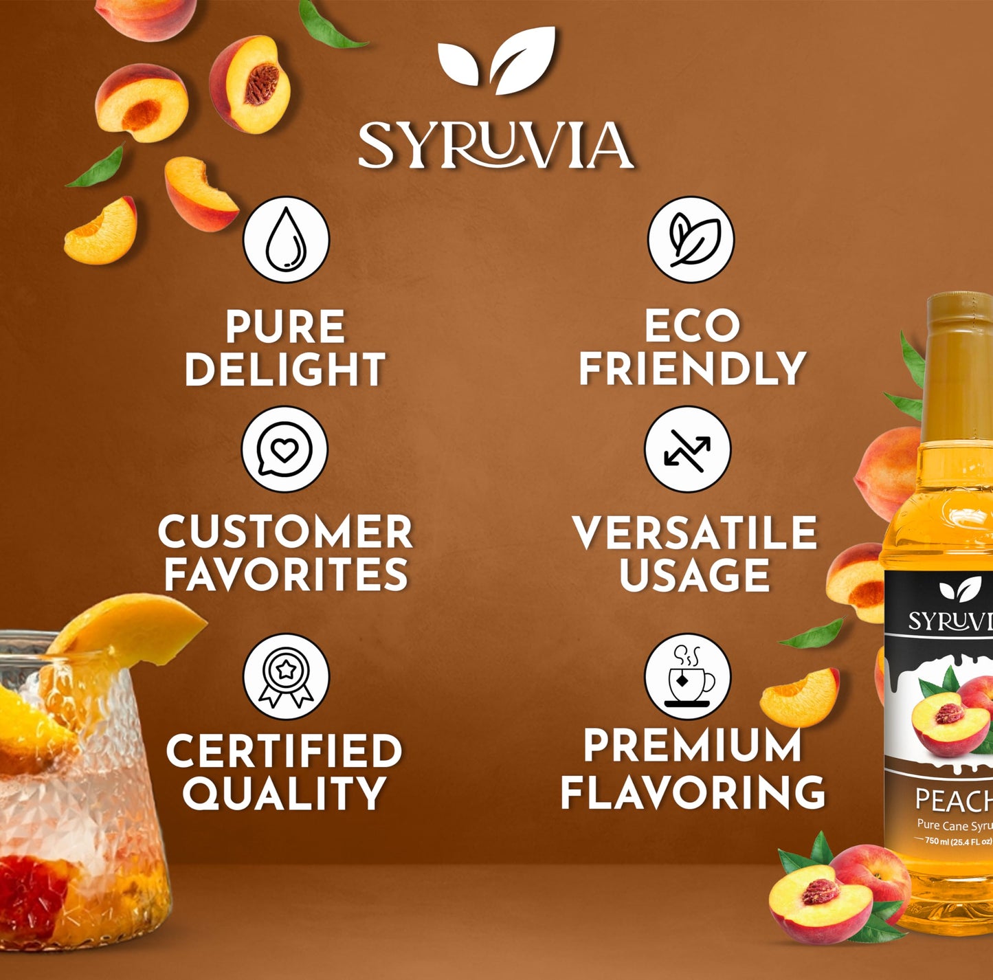 Syruvia Peach Syrup - Peach Syrup Flavor, 25.4 Fl Oz - Perfect For Cocktails, Ice Tea, Desserts, Italian Sodas, Ice And More, Ko