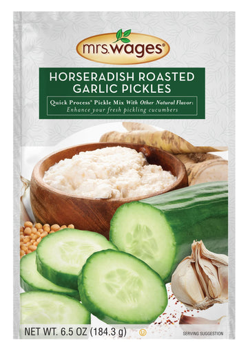 Mrs. Wages Horseradish Roasted Garlic Quick Process Pickle Mix, Quick and Easy, Simple-To-Use, Unique Spicy Garlic Flavor, 6.5 o