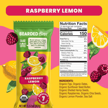 Bearded Brothers Vegan Organic Food Bar - Raspberry Lemon, 12 Pack, Gluten Free, Paleo, Non GMO, Soy Free, Low Glycemic, No Suga