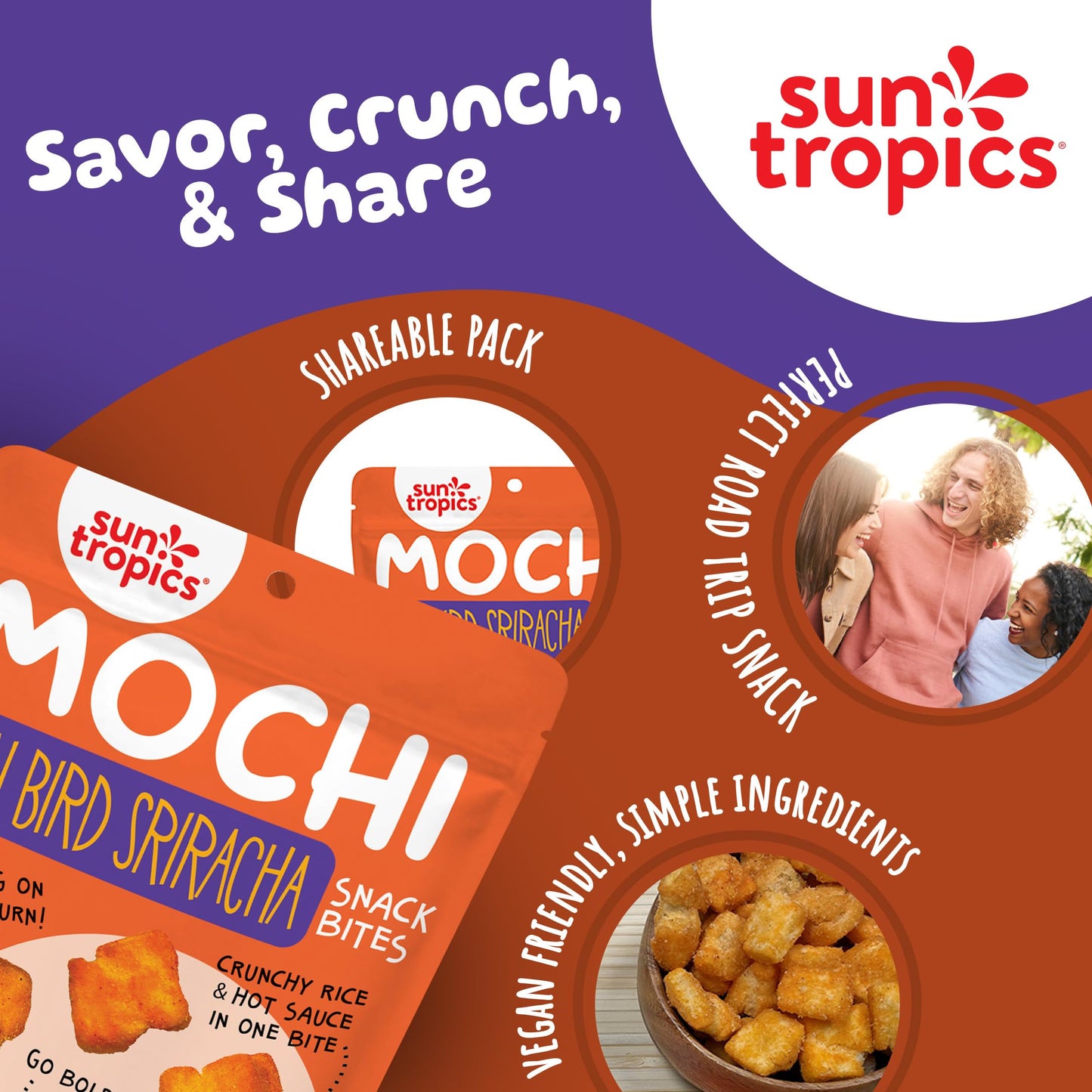 Sun Tropics Mochi Snack Bites, Thai Bird Sriracha Flavor- 3.5 oz (6 Pack)| Crispy Spicy Mochi Bites, Rice Nuggets | Mochi Puff R