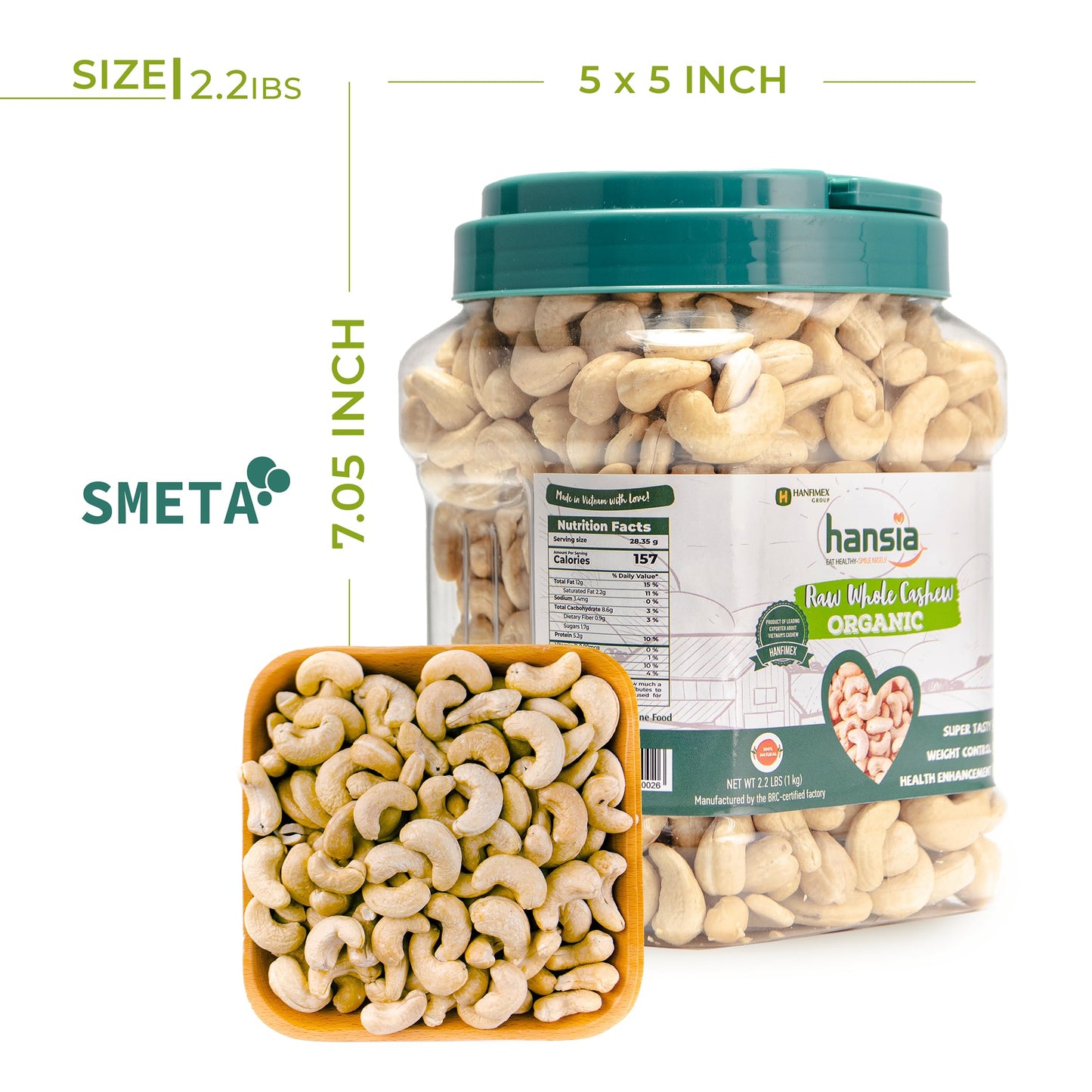 Hansia Raw Whole Cashew Kernels, Unsalted & Unroasted Cashews, Premium Quality For Snacking & Baking & Milk, Source Of Natural F