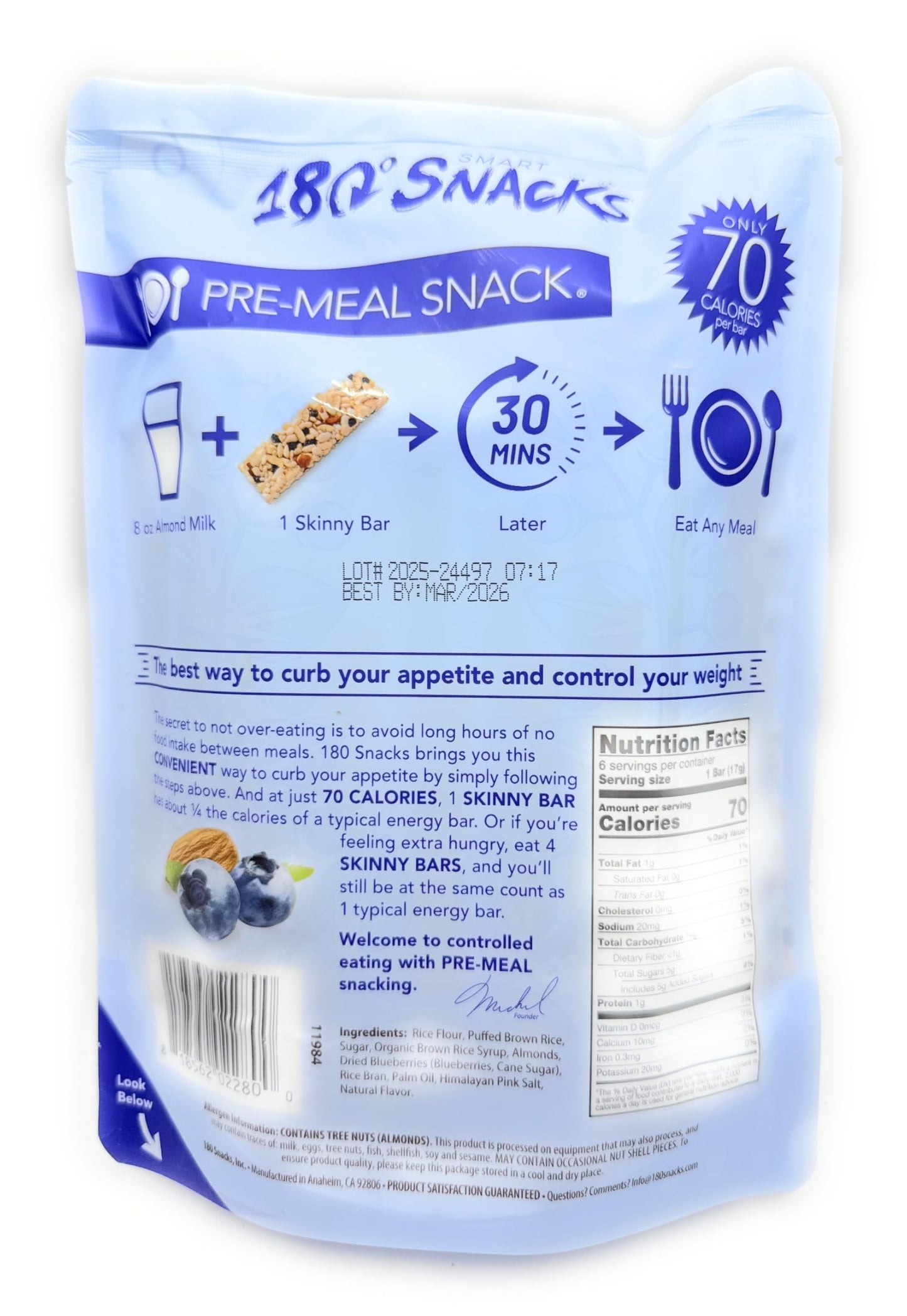 180 Snacks Skinny Rice Bars with Almond & Blueberries, 6 Bars