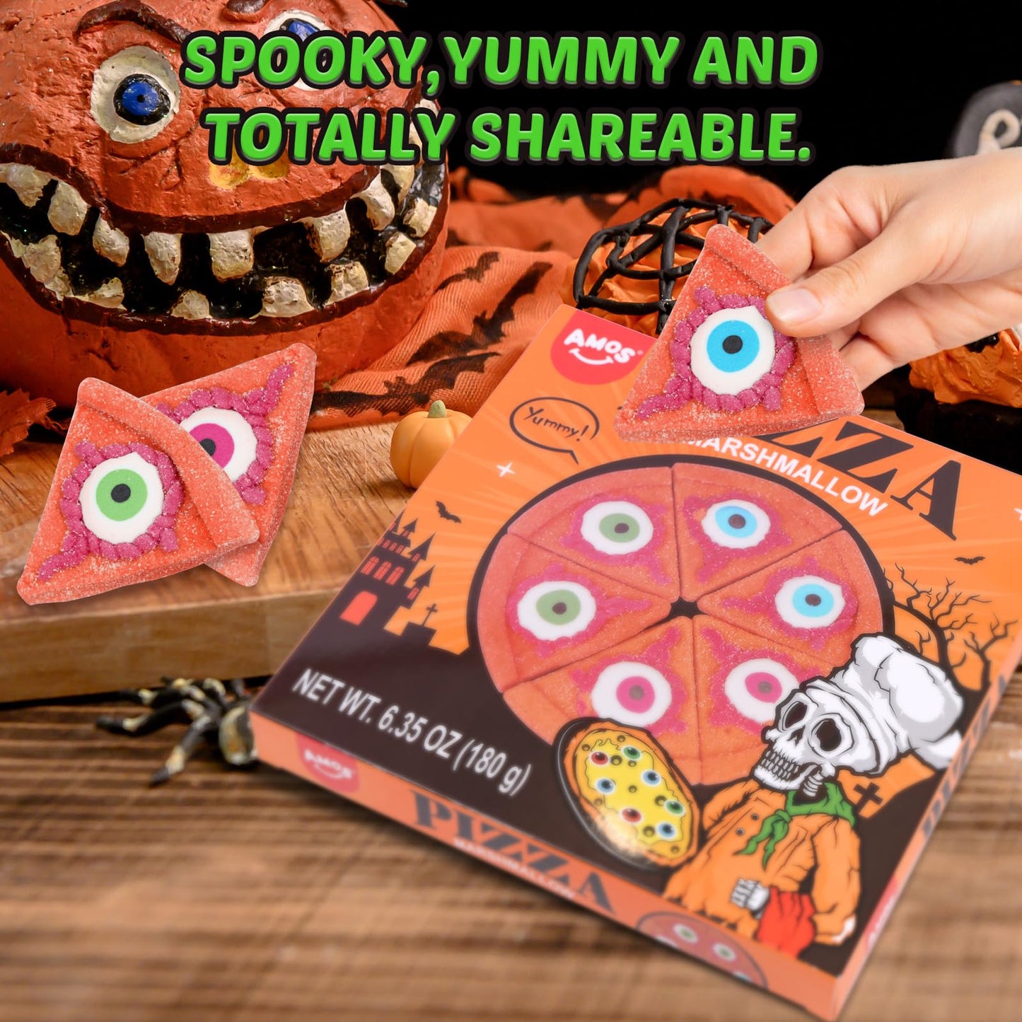 Amos Halloween Pizza Gummy & Eyeball Marshmallow Candy – Fun for Kids & Parties – 180g Bag