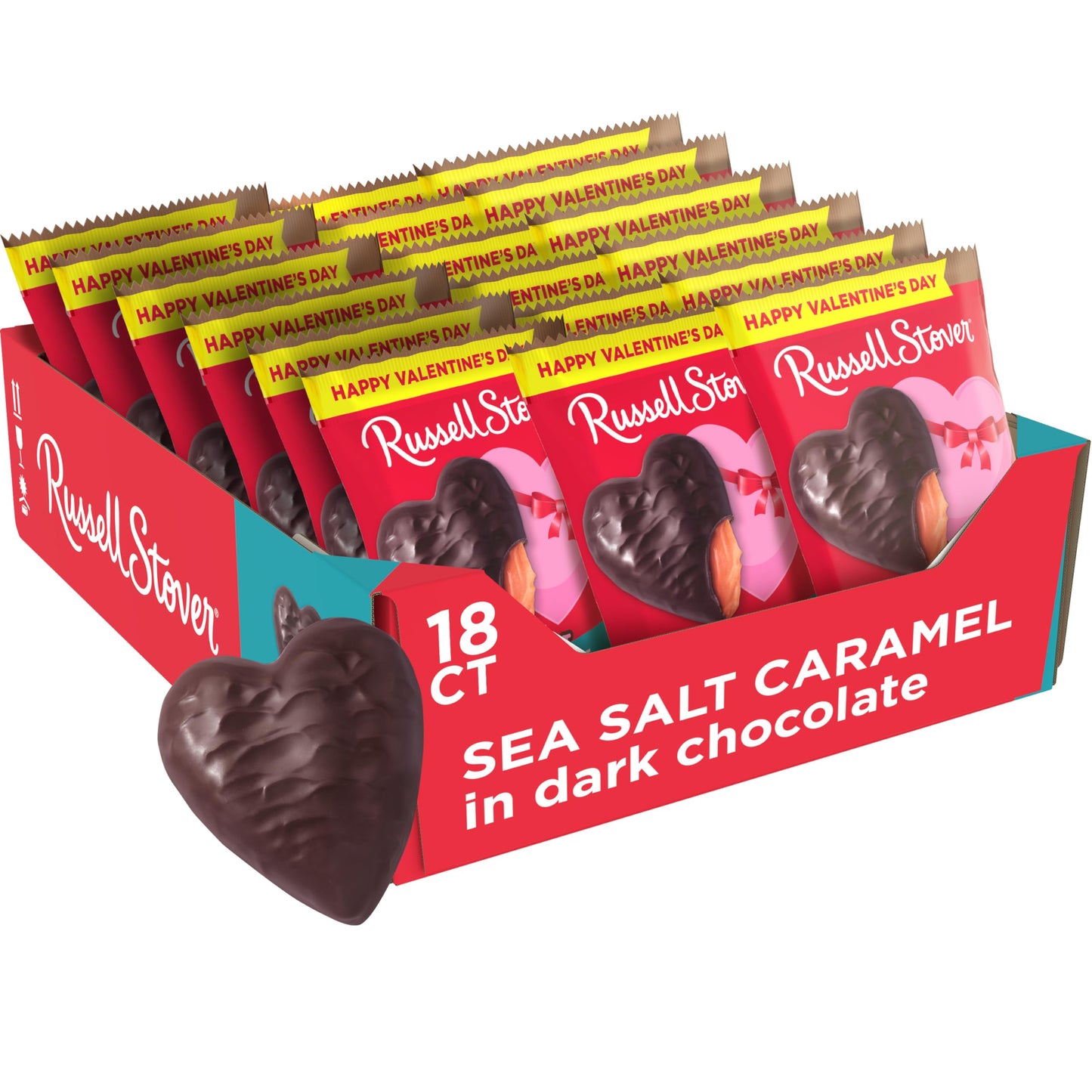 RUSSELL STOVER Valentines Day Dark Chocolate Sea Salt Caramel Heart, 1.3 oz. (Pack of 18)