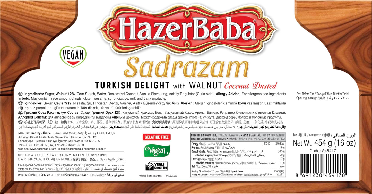 HazerBaba Turkish Delight Candy, Vegan Lokum with Walnut & Coconut, 16oz (454g), Halal, Kosher, Gourmet Snack Box